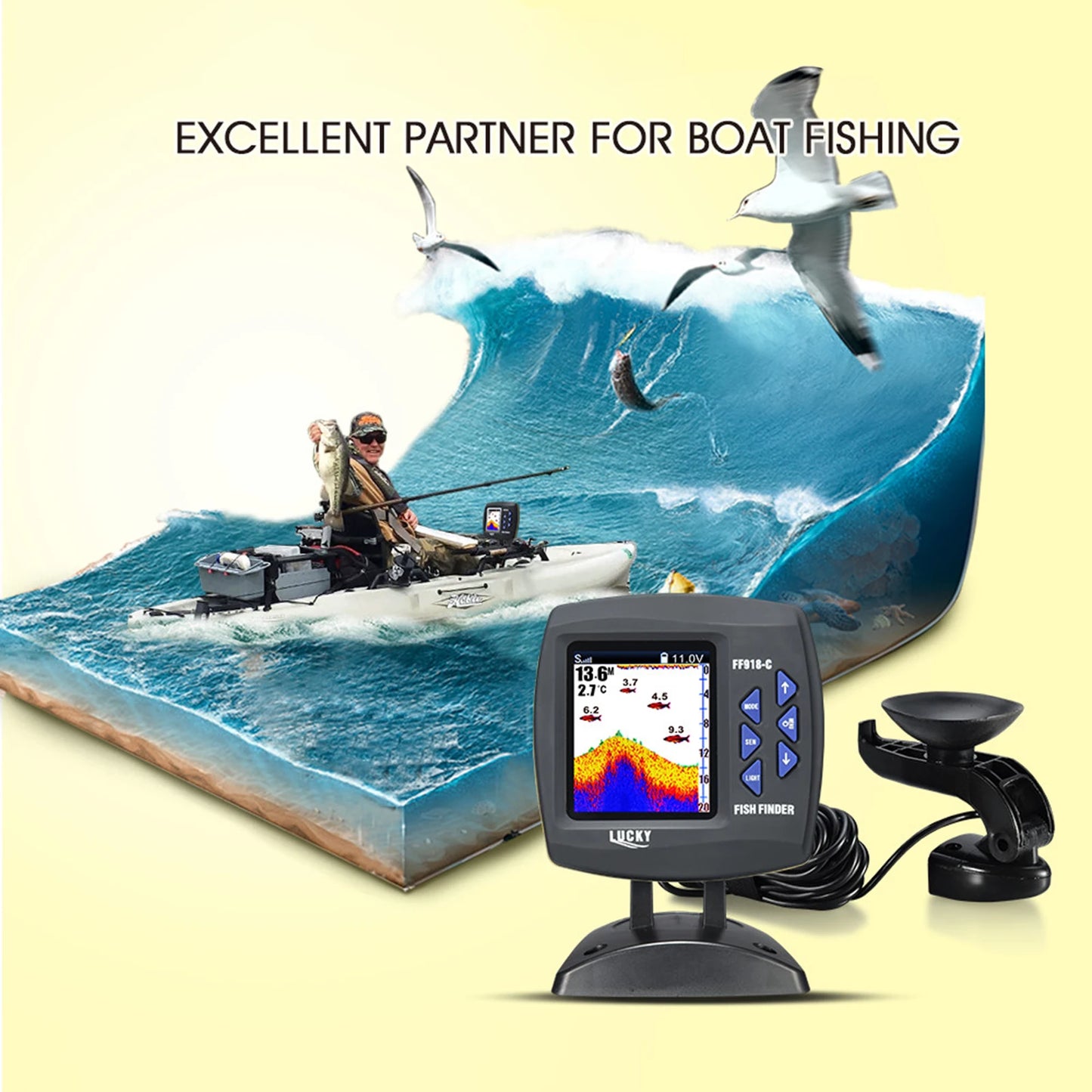 Portable Fish Finder Wireless Sonar Sensor Fishing Depth Finder Locator Fishfinder with Wired Transducer for Boat Kayak Fishing