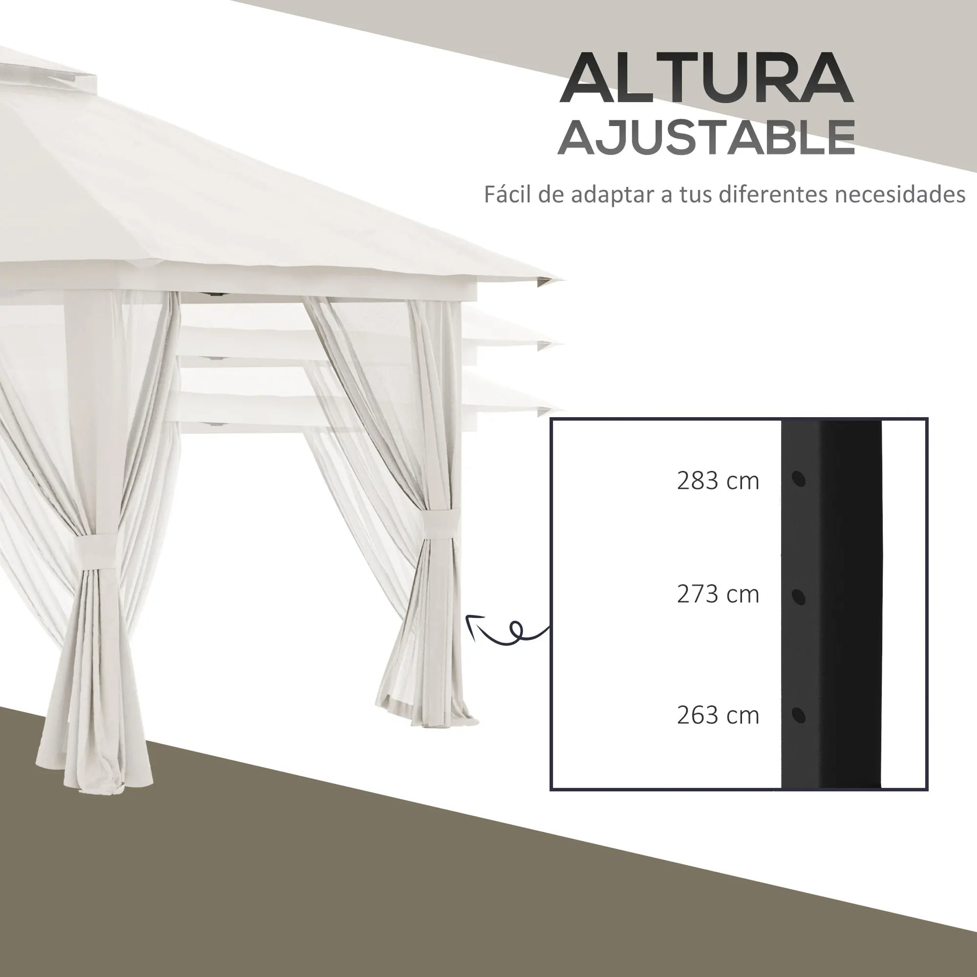 Tuinpaviljoen - Vouwtent – Pop-Up Tent – Opvouwbare Tent – Beschutting Tent – Verstelbare Hoogte – Waterafstotend Oxford Polyester – Metalen Frame - 4 x 4 m - Crème - QUORE