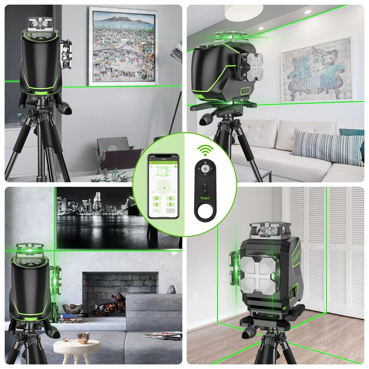 Huepar S04CG 16 lines 4D Cross Line Laser Level LCD Screen Bluetooth Remote Control Green Laser Tools With Adapter & Rangefinder