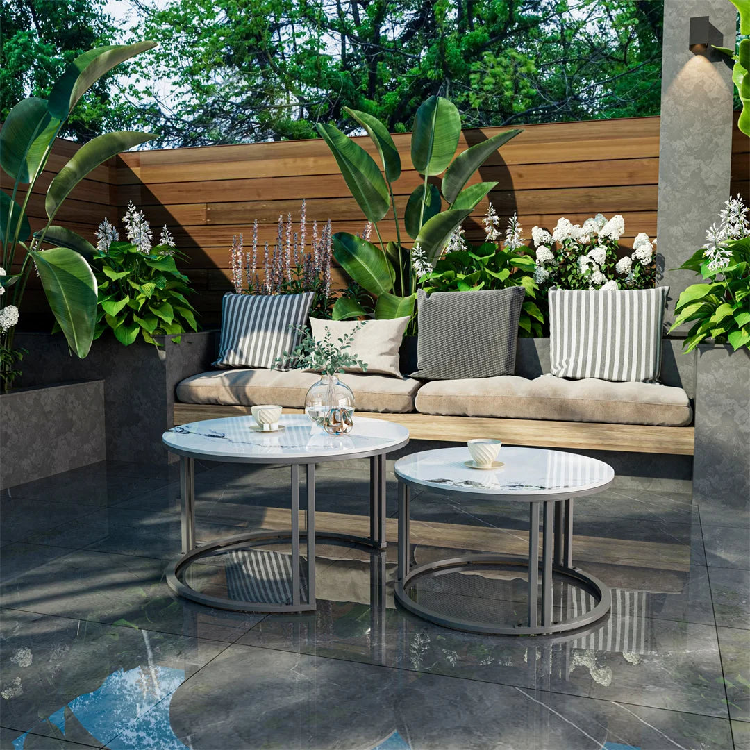 Ronde Salontafel Set – Woonkamer Tafel – Nesting Tafels – Bijzettafels – Koffietafels – Aluminium Frame – Gesinterd Steenblad Jadewit – Ruimtebesparend Design