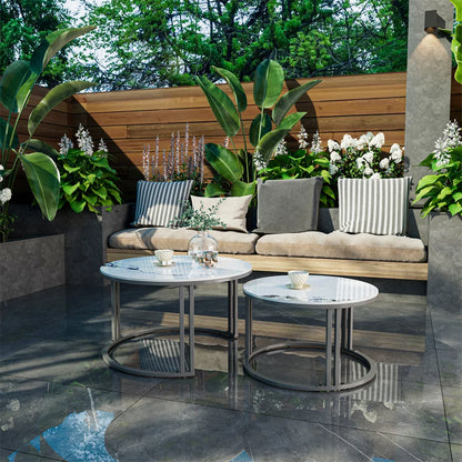 Ronde Salontafel Set – Woonkamer Tafel – Nesting Tafels – Bijzettafels – Koffietafels – Aluminium Frame – Gesinterd Steenblad Jadewit – Ruimtebesparend Design
