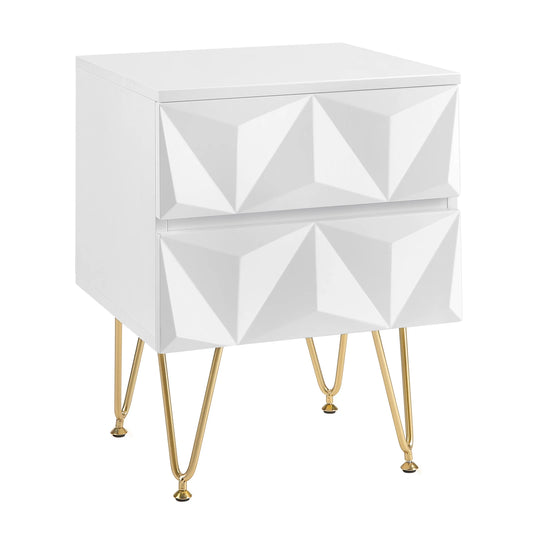 Nachtkastje – 3D-Effect Laden – Opbergkast met 2 Lades – Modern & Stijlvol – Metalen Poten – 40x53x40 cm – Wit