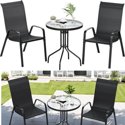 Compact Balkonset – 3-Delige Tuinset – Balkontafel Met Glasplaat – Stapelbare Stoelen – Metalen Frame – Ademend Stof - QUORE