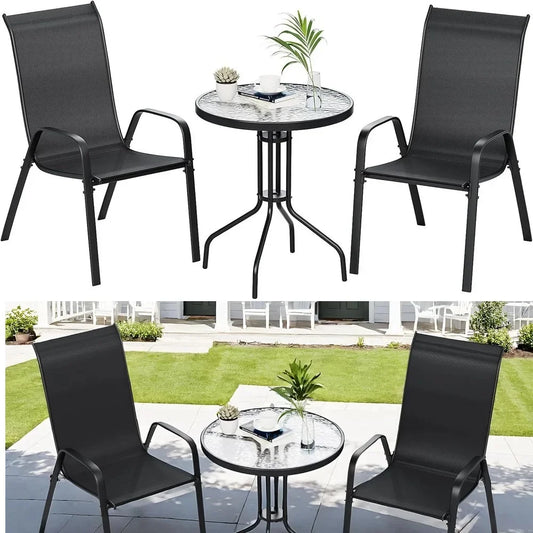 Compact Balkonset – 3-Delige Tuinset – Balkontafel Met Glasplaat – Stapelbare Stoelen – Metalen Frame – Ademend Stof - QUORE