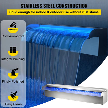 Waterval Fontein - Zwembad - Afstandsbediening - RVS - Waterval Overlaat - Kamerfontein  - Binnen & Buiten - met LED-verlichting - SW1500 LED Waterfall voor Zwembad of Tuin – Waterpartij met Kleurrijke LED-strip
