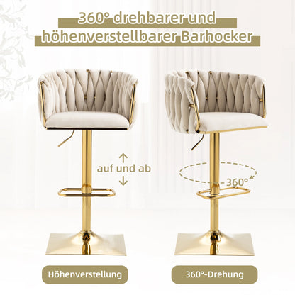 Barkruk – Barstoel – Keukenstoel – Draaiende Kruk – Verstelbare Hoogte – Metalen Frame – Velours Bekleding - Ivoor