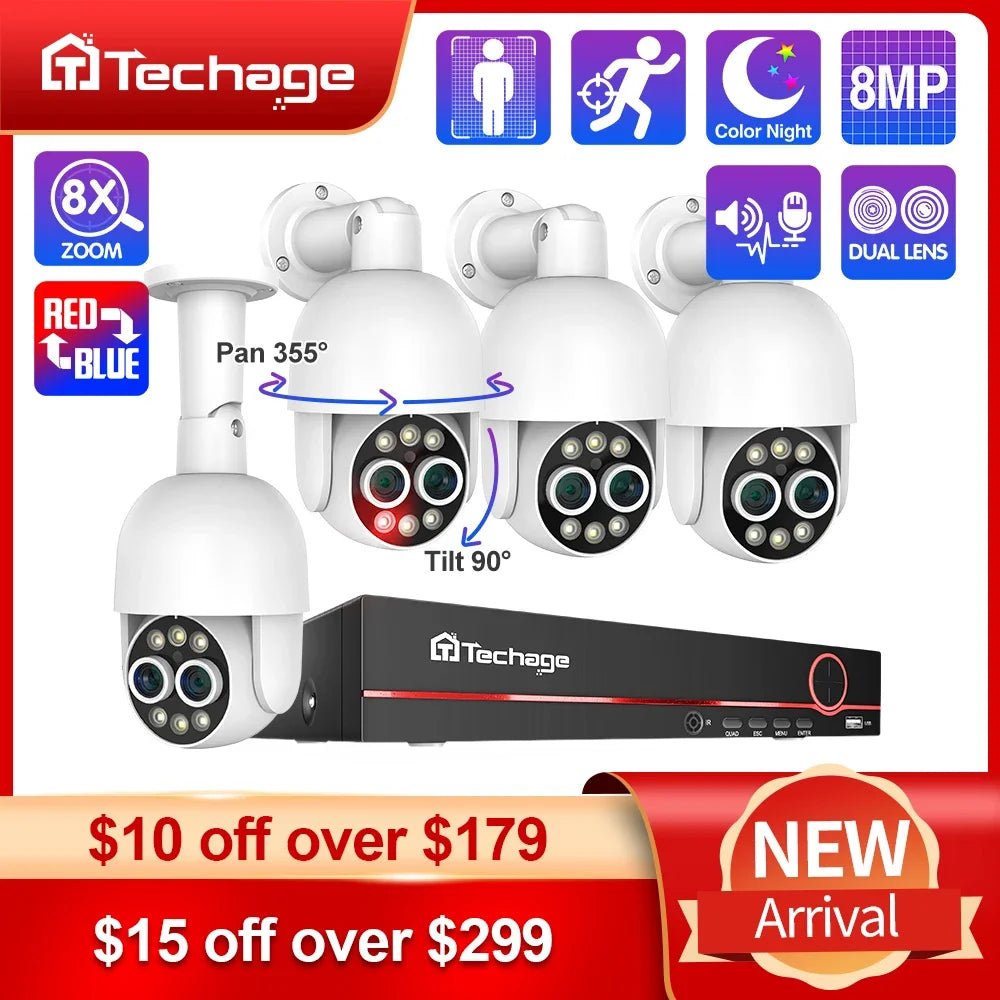 Techage 8CH Dual Lens 4MP+4MP PTZ POE Camera System 8X Mix Zoom Human Detection H.265 AI CCTV Video Security Kit Colorful Night - QUORE