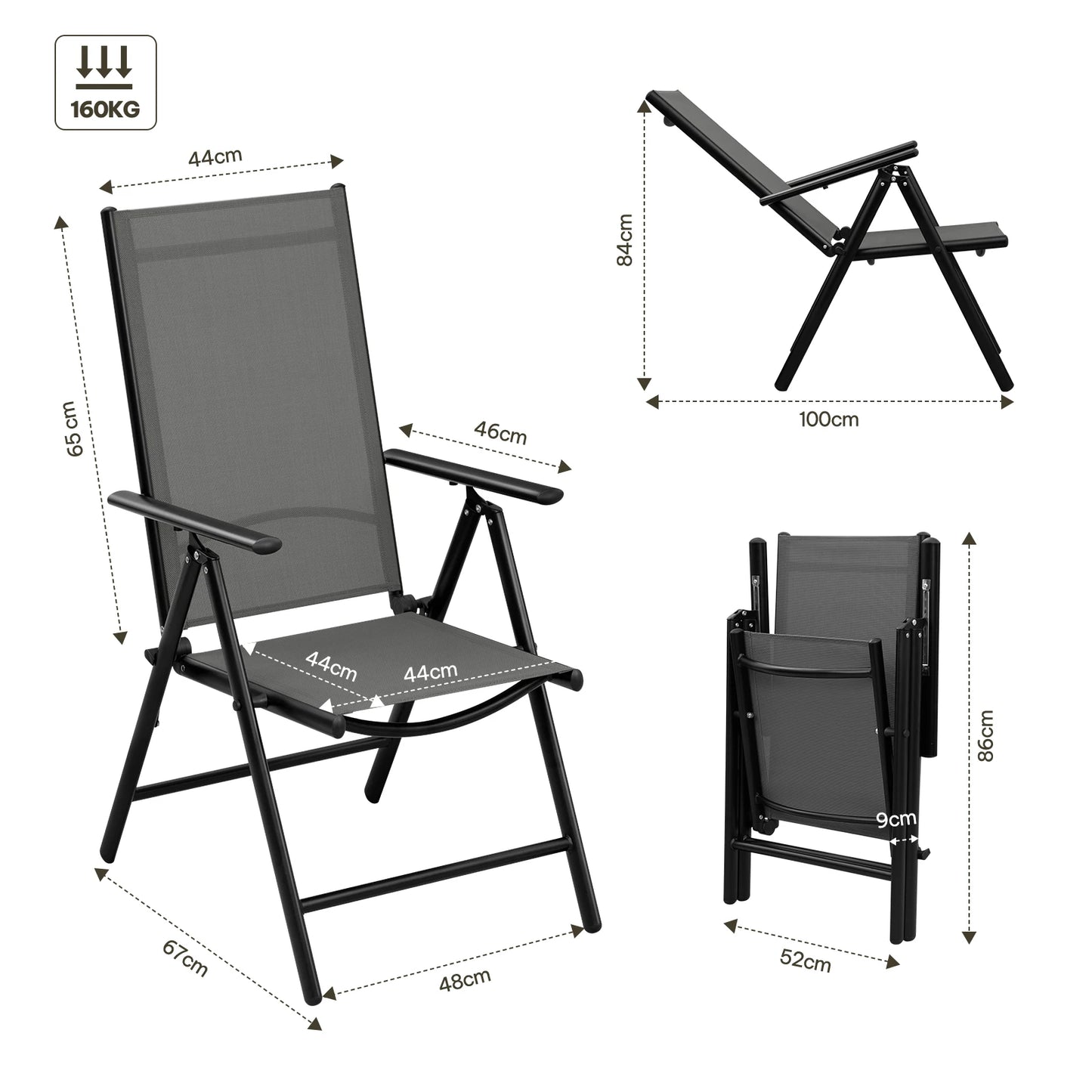 Opvouwbare Tuinstoelen Set van 4 – Inklapbare Stoelen met 7 Standen – Verstelbare Buitenkstoelen – Zwart – 150 kg Draagvermogen – 48x67x84 cm - QUORE