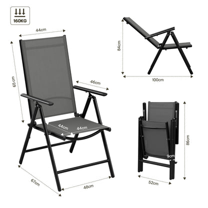 Opvouwbare Tuinstoelen Set van 4 – Inklapbare Stoelen met 7 Standen – Verstelbare Buitenkstoelen – Zwart – 150 kg Draagvermogen – 48x67x84 cm - QUORE
