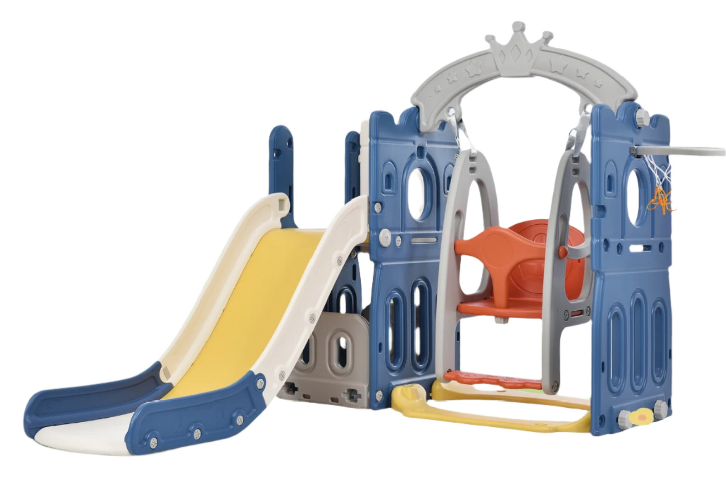 5-in-1 Glijbaan - Kinderspeeltuin - met Basketbalring - Schommel - Klimladder - Opslag - voor Kinderen - van 1-8 jaar - Veilige Dichte Trap - Speelplezier Gegarandeerd - Geschikt voor Binnen - Buiten - Tuin - 157 x 150 x 120 - Blauw