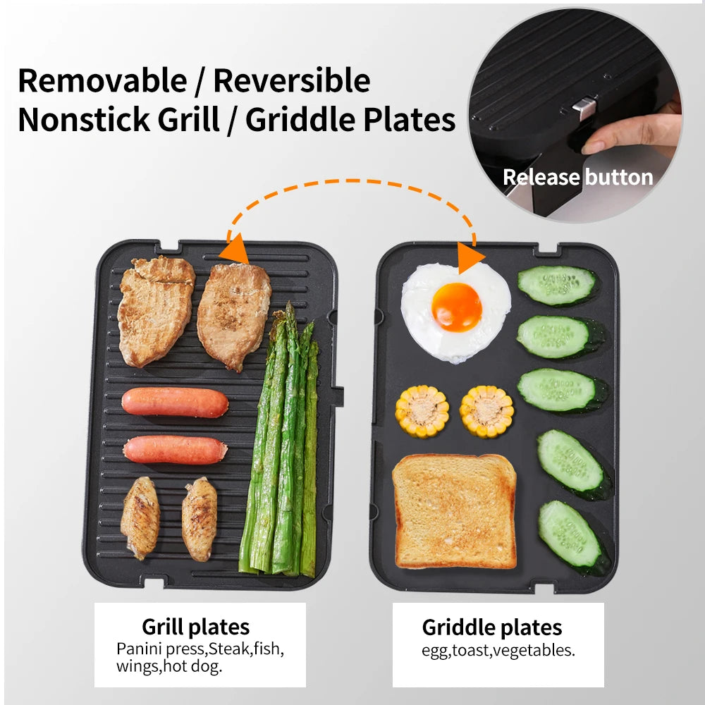 BioloMix 2000W 6-in-1 Electric Grills for Barbecue, Digital Griddle, Sandwich and Panini Press, Optional Waffle Maker Plates