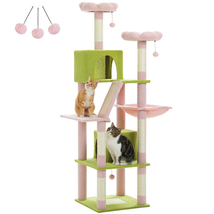 Kattenboom - Kitten Krabpaal - Sisal Krabpalen - Krabpaal - Katten Klimmuur - Krabplanken - Arbre a Chat - Hangmat & Speeltjes - Meerdere Verdiepingen - met Pluche Kattenhuisjes - 180cm - Roze