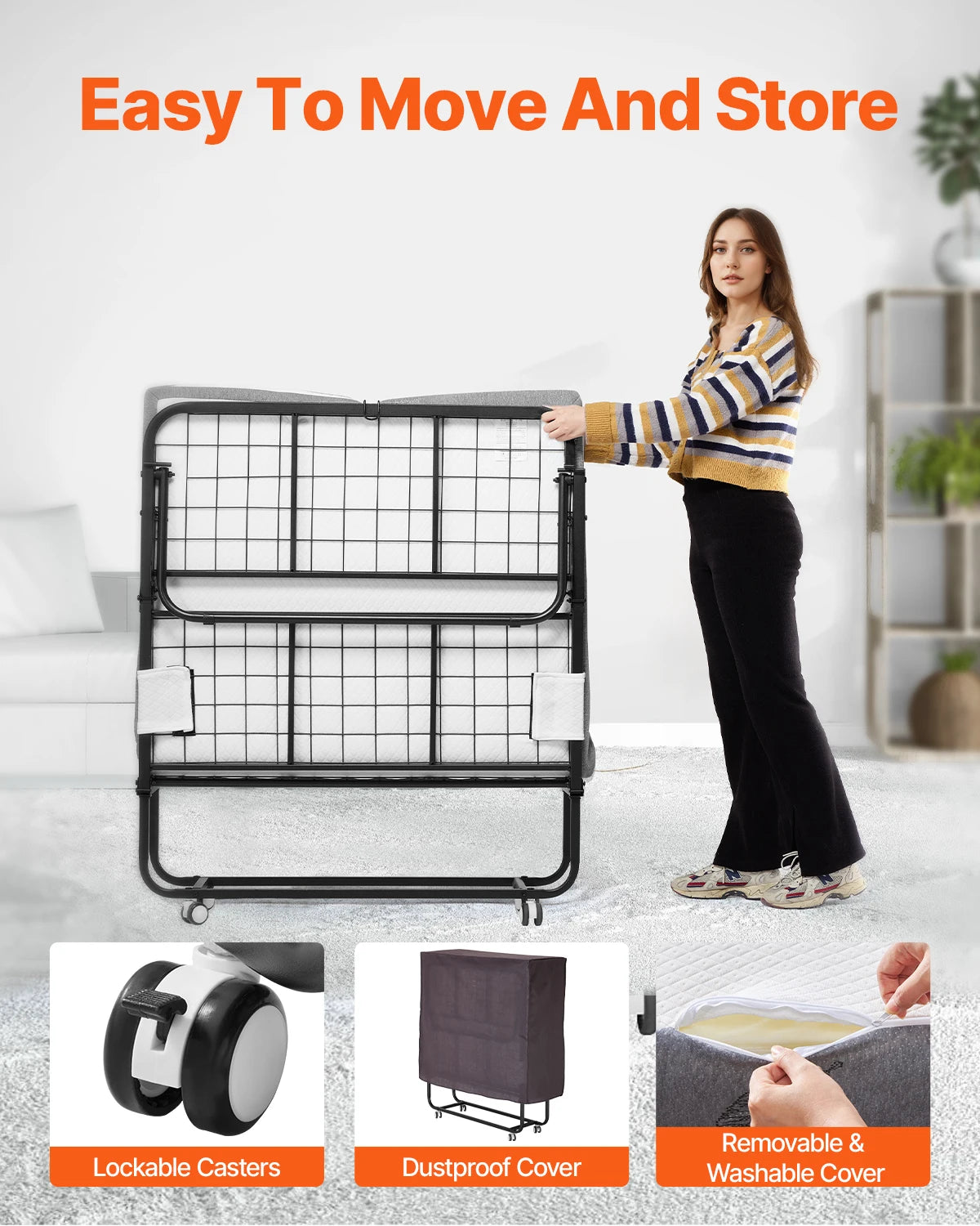 SucceBuy Rollaway Bed 38 in x 75 in Folding Bed with 4 in Memory Foam Mattress Portable Twin Size Roll Away Bed for Adults Guest