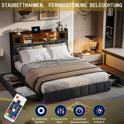 Linnen Bed – Tweepersoonsbed – Opbergbed – Bedframe Met Laden – Bed Met Hoofdbord – 140x200 cm – Met 4 Lade Opbergruimte – USB Oplaadpoorten