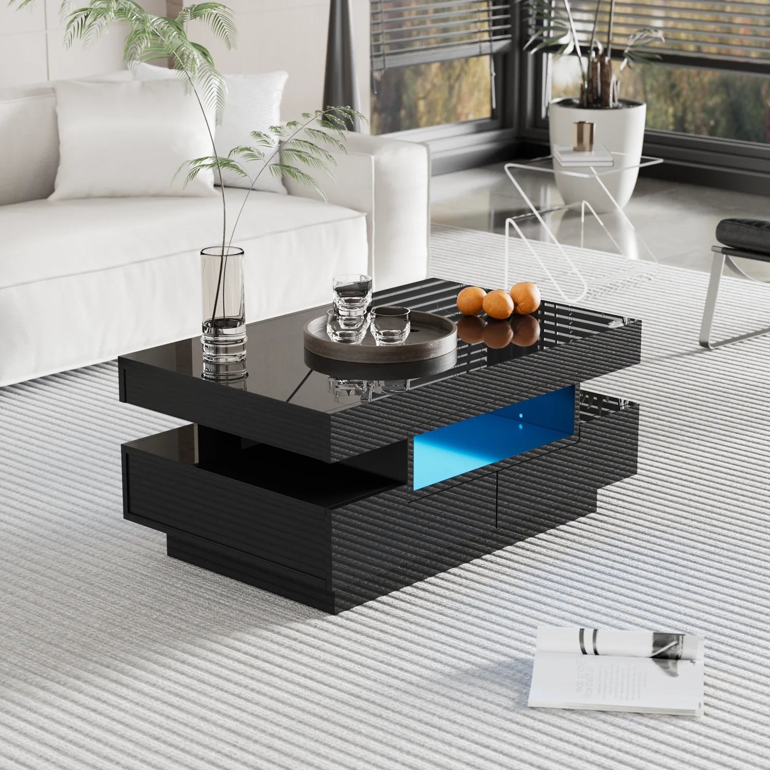 Salontafel – Koffietafel – Woonkamertafel – Opbergtafel – LED-Verlichting – 80 X 50 X 36 Cm – Vier Lades - Zwart - QUORE