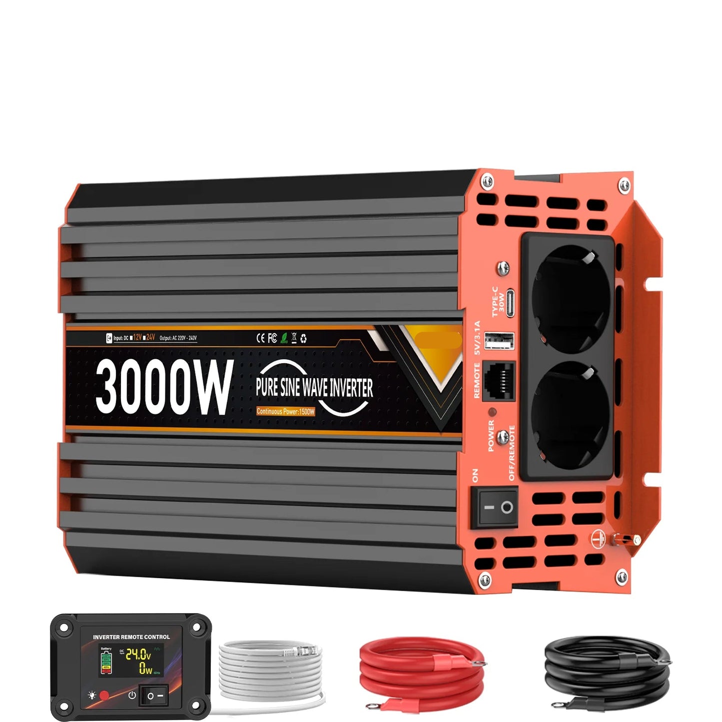 Omvormer – Stroomomzetter – Inverter – Spanningsomvormer – 24V - 3000W – Pure Sinusgolf Output - QUORE