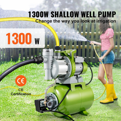 Vevor - Ondiepe Bronpomp - met druktank - Draagbare Jetpomp - 1300W - 4200 L/u Debiet - 50 m Opvoerhoogte voor Irrigatie - Watertransfer - Groen