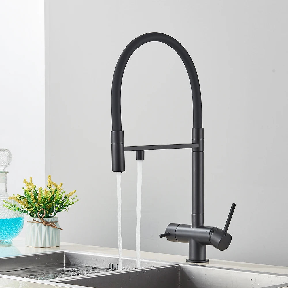 Keukenmengkraan - met Uittrekbare Uitloop – Keukenkraan - Dual Handle en Gefilterd Water - Koud en Warmwaterkraan - Uittrekbare Sproeikop - Matzwart