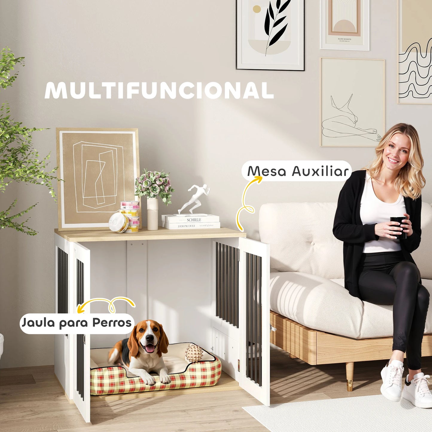 2-in-1 Hondenhok – Bench Met Zijtafel - Hondenbench – Hondenkooi – Hondenhuis – Dierenverblijf – Melamine Hout En Staal - 80 x 55 x 71,5 cm - Wit - QUORE