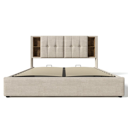 Tweepersoonsbed – Bedframe – Slaapbank – Bedombouw – Opbergbed – Beige Linnen Hoofdbord – Draadloze Oplader & USB-C – Houten Lattenbodem – 90x200 cm