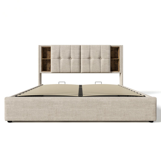 Tweepersoonsbed – Bed – Boxspring – Bedframe – Slaapbed – Beige Linnen – 140x200 cm – Draadloze Qi Oplader & Opbergruimte Met Gasdrukmechanisme