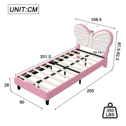 Kinderbed – Jongenskamerbed – Peuterbed – Eenpersoonsbed – Meisjesbed – Roze Variant – Vlinderhoofdbord Met Velvet Bekleding – Geïntegreerd LED Leeslampje - QUORE