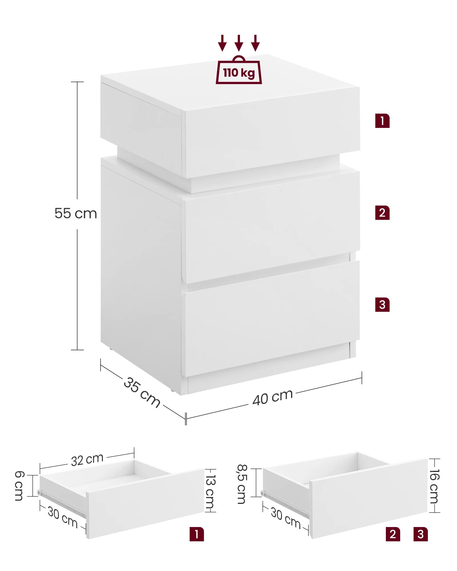 Nachtkastje - Bijzettafel - Salontafel - met LED Verlichting - Kast met 3 Lades - Moderne - Verstelbare Kleuren & Modus – voor Slaapkamer - Woonkamer - Kantoor - Wit - QUORE
