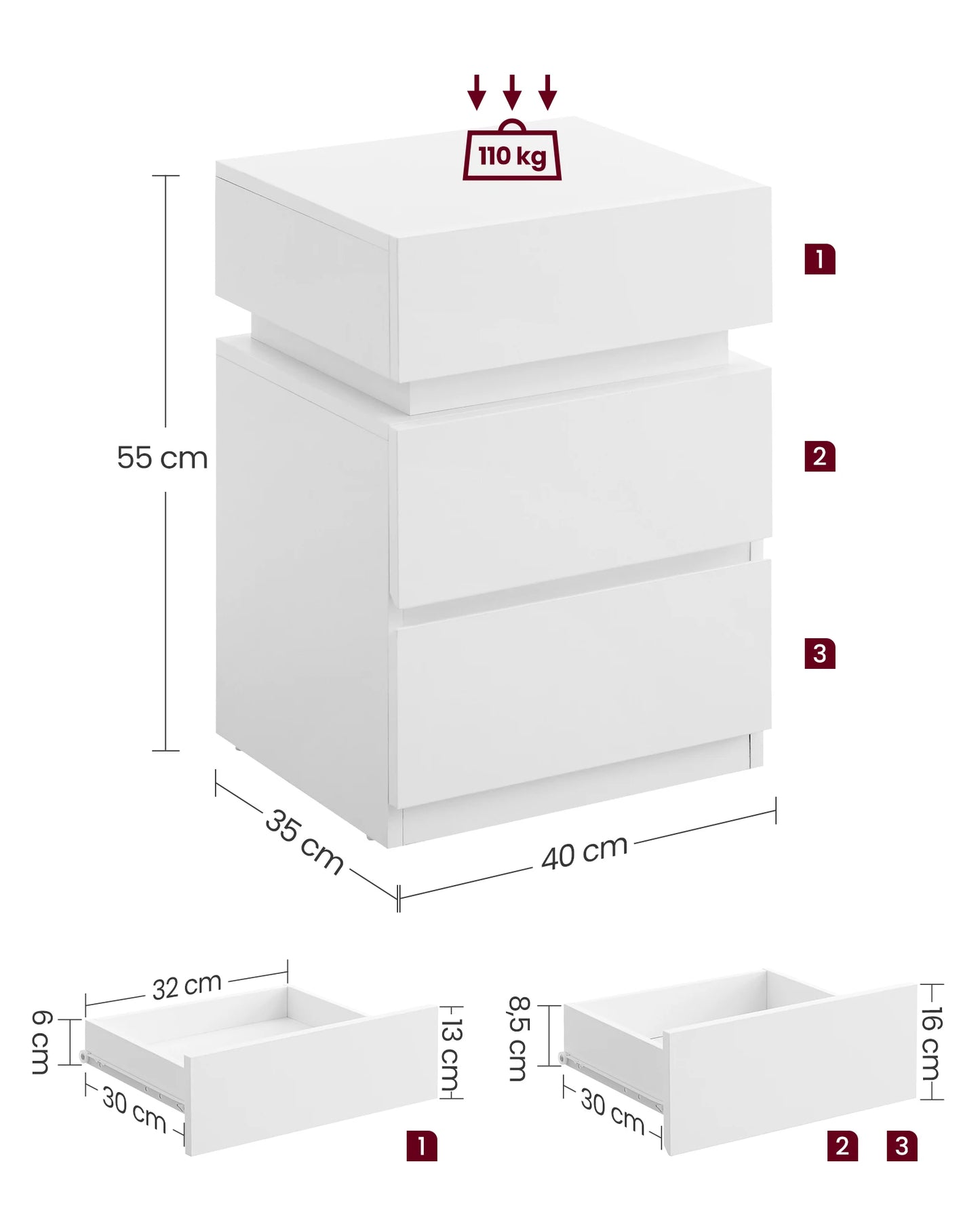 Nachtkastje - Bijzettafel - Salontafel - met LED Verlichting - Kast met 3 Lades - Moderne - Verstelbare Kleuren & Modus – voor Slaapkamer - Woonkamer - Kantoor - Khaki - QUORE