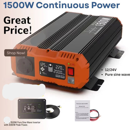 Pure Sine Wave Omvormer – Zuivere Sinusgolf Omvormer – Spanningsomvormer – 12V 24V Converter – 1500W Continu Vermogen – LCD Display - QUORE