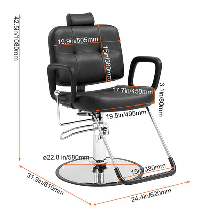 Kapperstoel -  Kapperskruk - Salonstoel -  Haarkapperstoel - Behandelstoel - 25x31x43 inch - 24.5kg - Zwart