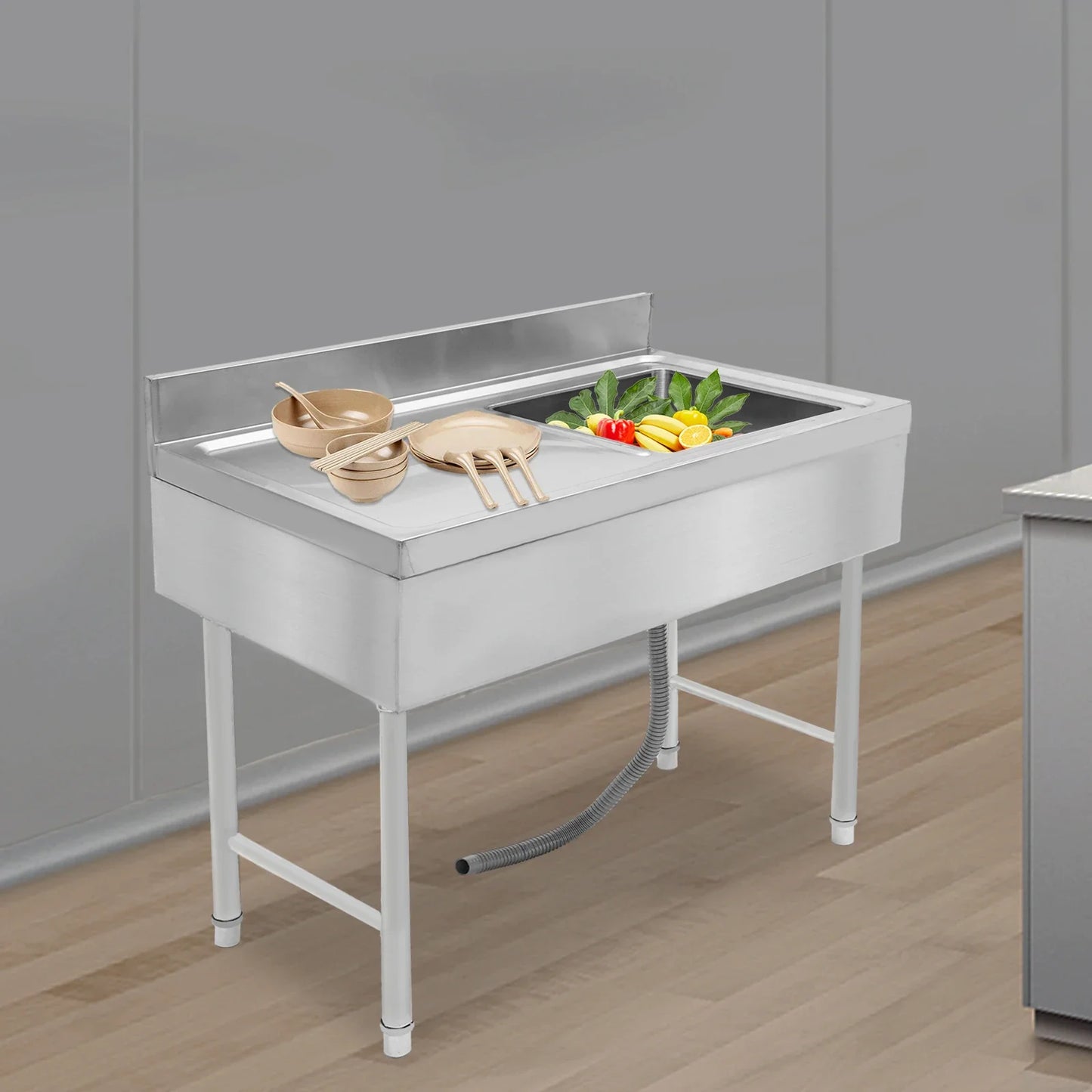 Verstelbare Spoelbak Keuken – Vrijstaande Spoelbak – RVS Spoelbak – Enkele Kom Spoelbak – Keukenzwem – Roestvrij Staal – Verstelbare Poten – Antislipvoetjes – 100x50x80 cm