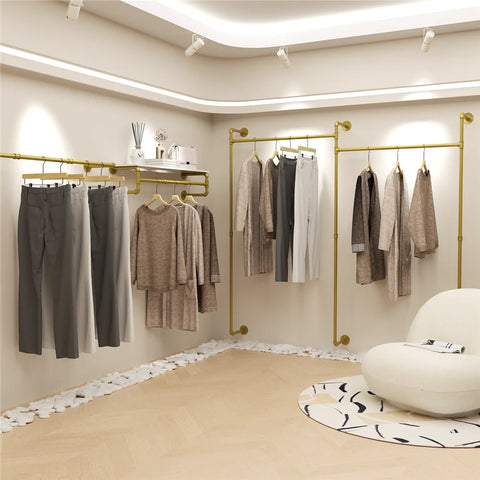 Kledingrek - Kledingroede - Kledingrek metaal - Wandgemonteerd - Industrieel Pijp Kledingrek - 205x190cm/ 80.7x74.8 inch - Goud