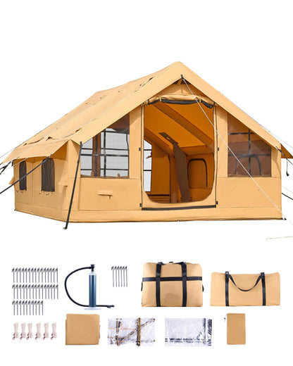 Opblaasbare Tent – Kampeertent – Familietent – Roadtriptent – Waterdicht Oxford Polyester – 5-8 Personen - 4 x 3.1 m - Geel