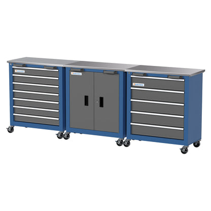 Modulaire Gereedschapskast - Werkplaatswagen - Gereedschapswagen - 5 of 7 Lades - Dubbeldeurs - met Slot & Wielen - Metalen Werkbank - Opbergkast Werkplaats - Blauw