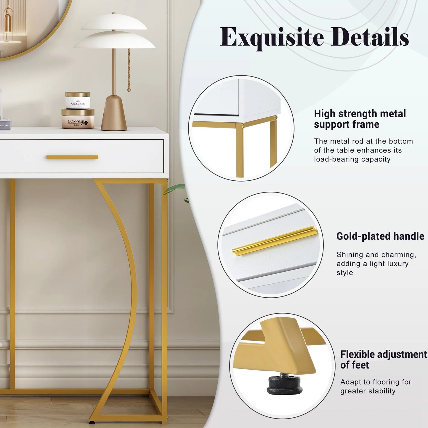 Console table, hallway table with 2 drawers, light luxury style side table, sofa table, 120 x 38 x 76 cm, white/gold