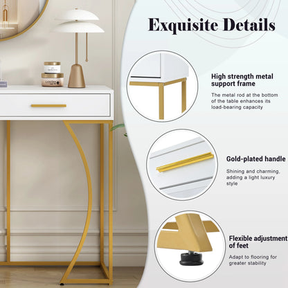 Console table, hallway table with 2 drawers, light luxury style side table, sofa table, 120 x 38 x 76 cm, white/gold