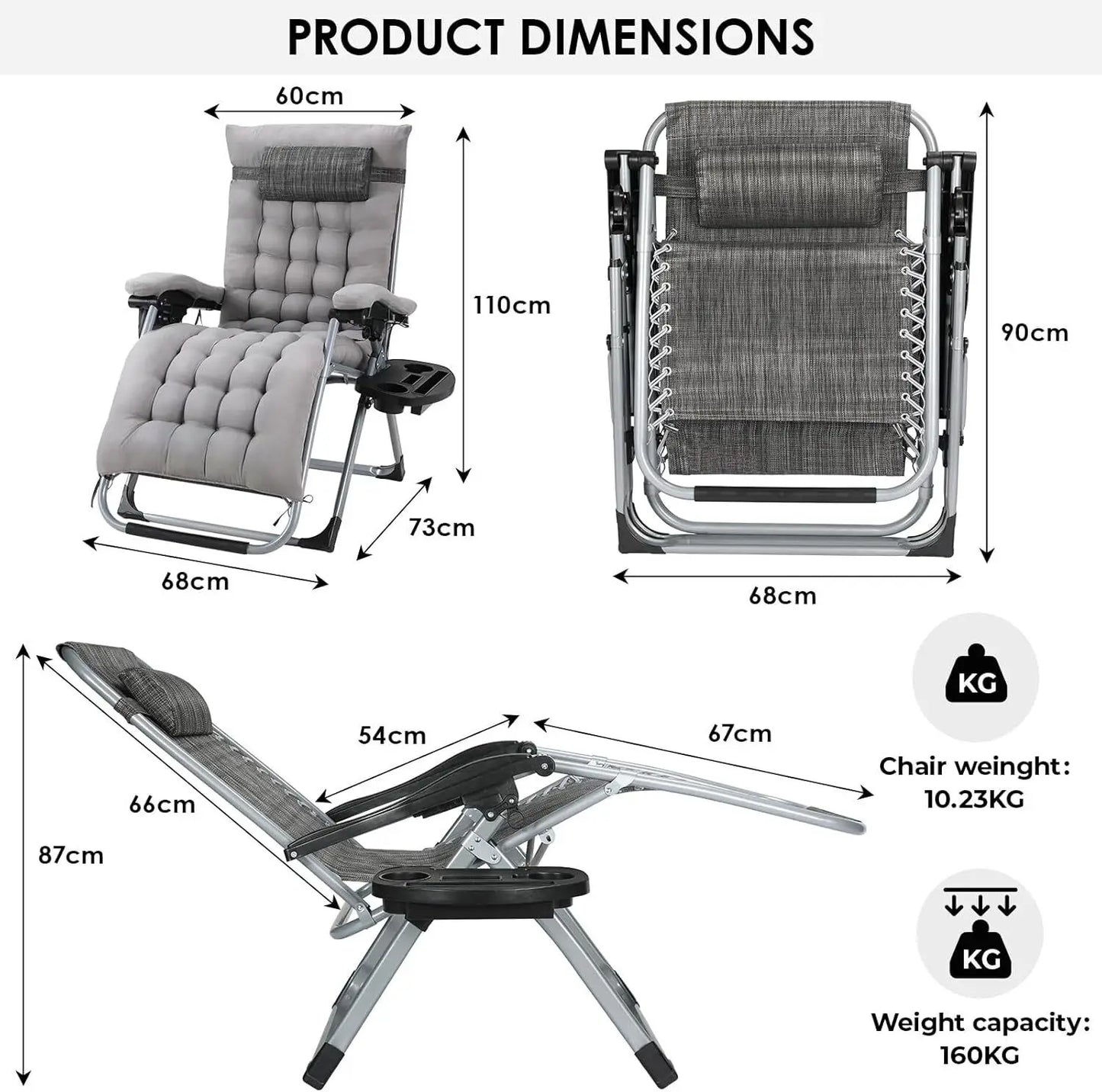 Ligbed - 3-delige Verstelbare Ligstoelset – Tuinstoelen – Zonnebedden – Klapstoelen – Strandstoelen – Duurzaam Stalen Frame – Verstelbare Rugleuning 90-160° - Grijs - QUORE