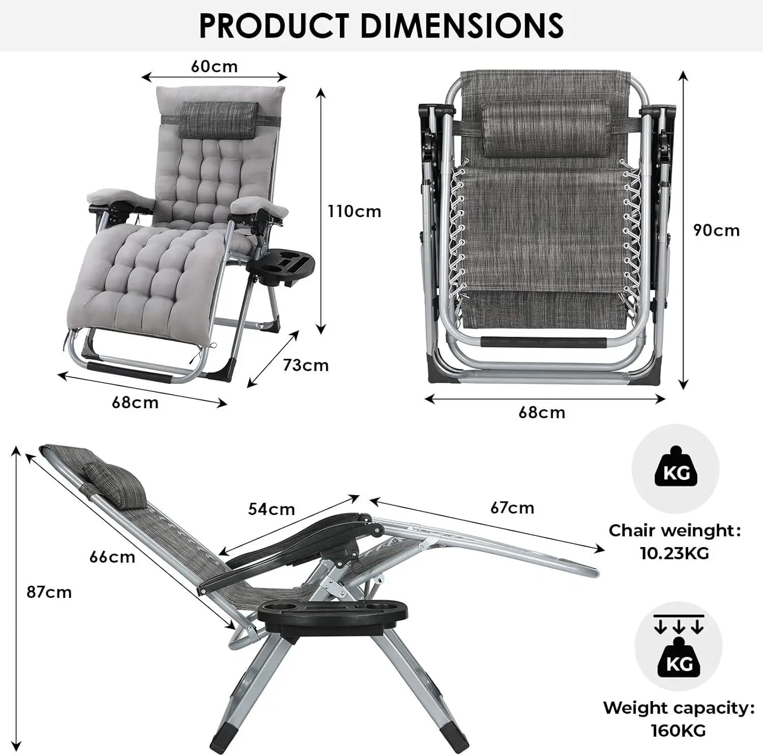 Ligbed - 3-delige Verstelbare Ligstoelset – Tuinstoelen – Zonnebedden – Klapstoelen – Strandstoelen – Duurzaam Stalen Frame – Verstelbare Rugleuning 90-160° - Grijs - QUORE
