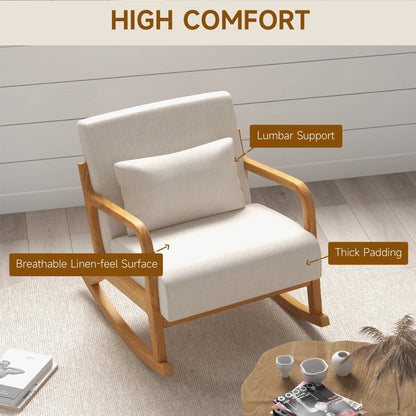Relaxfauteuil – Relaxstoel – Schommelstoel – Wiegstoel – Linnen Stof – Ergonomische Ondersteuning – Houten Basis