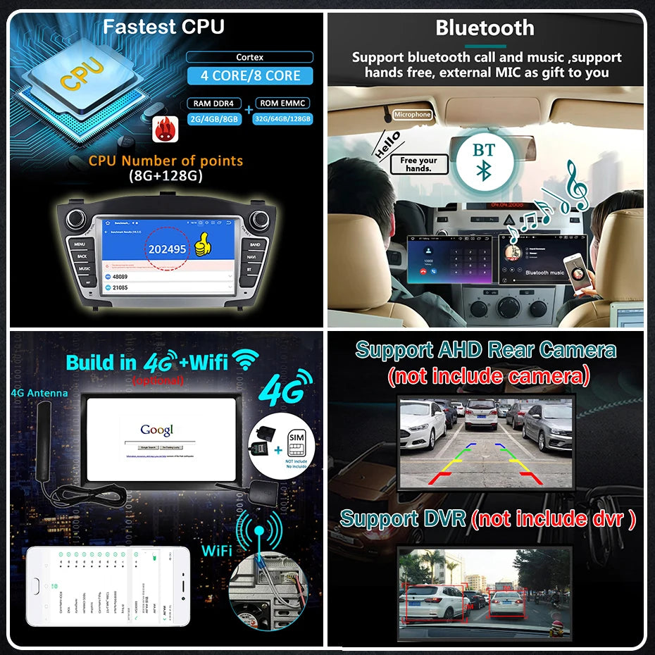 Autoradio Hyundai IX35 – 2-Din Multimedia Systeem – Auto Stereo Navigatie – Android 14 Touchscreen – 7 Inch HD Scherm – 4G LTE & Draadloze CarPlay