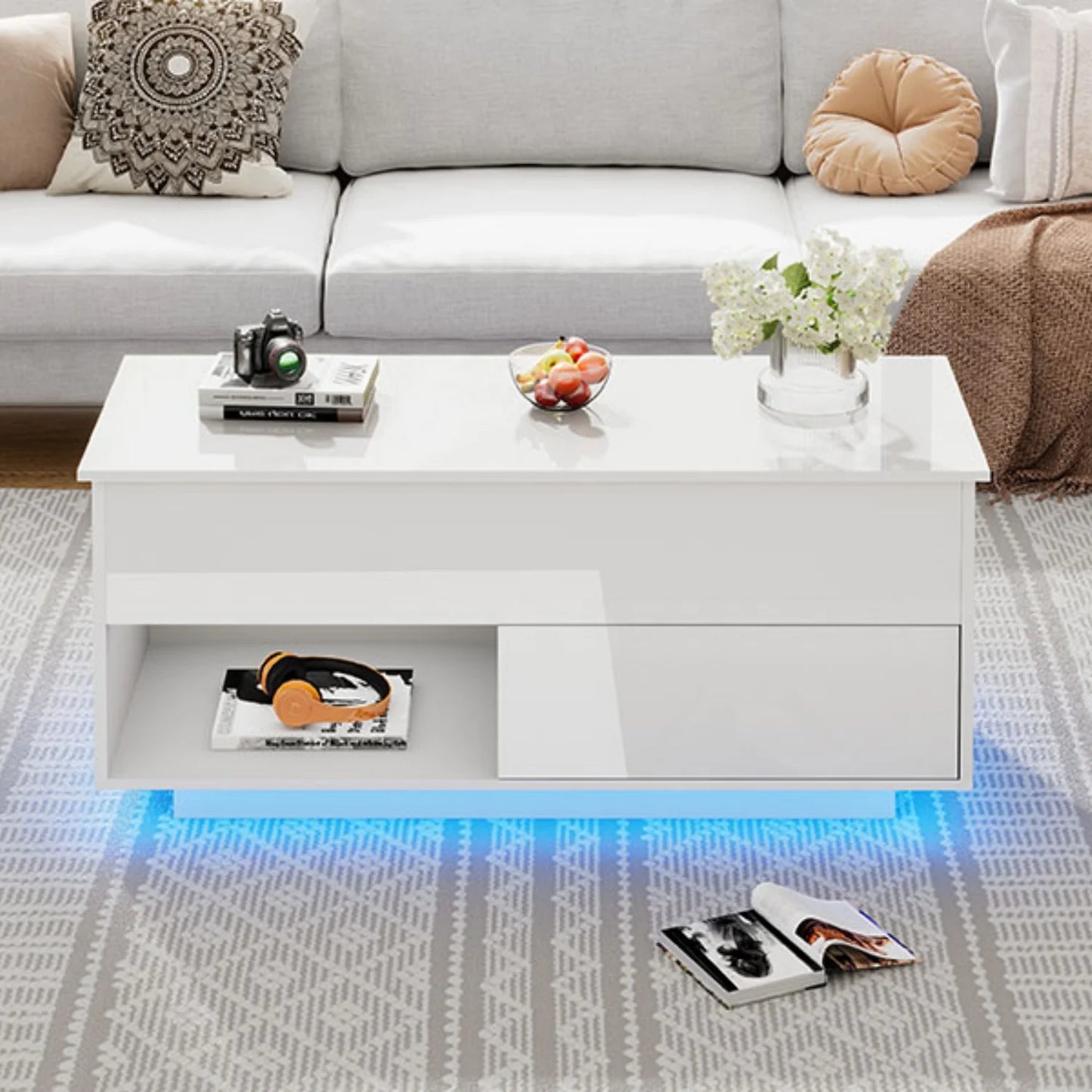 Hoogglans Salontafel – Koffietafel – Tafeltje – Woonkamertafel – Tafel Met Verstelbaar Blad – LED-Verlichting – Lade En Open Opbergruimte – 100x50x55 cm – Robuuste Constructie