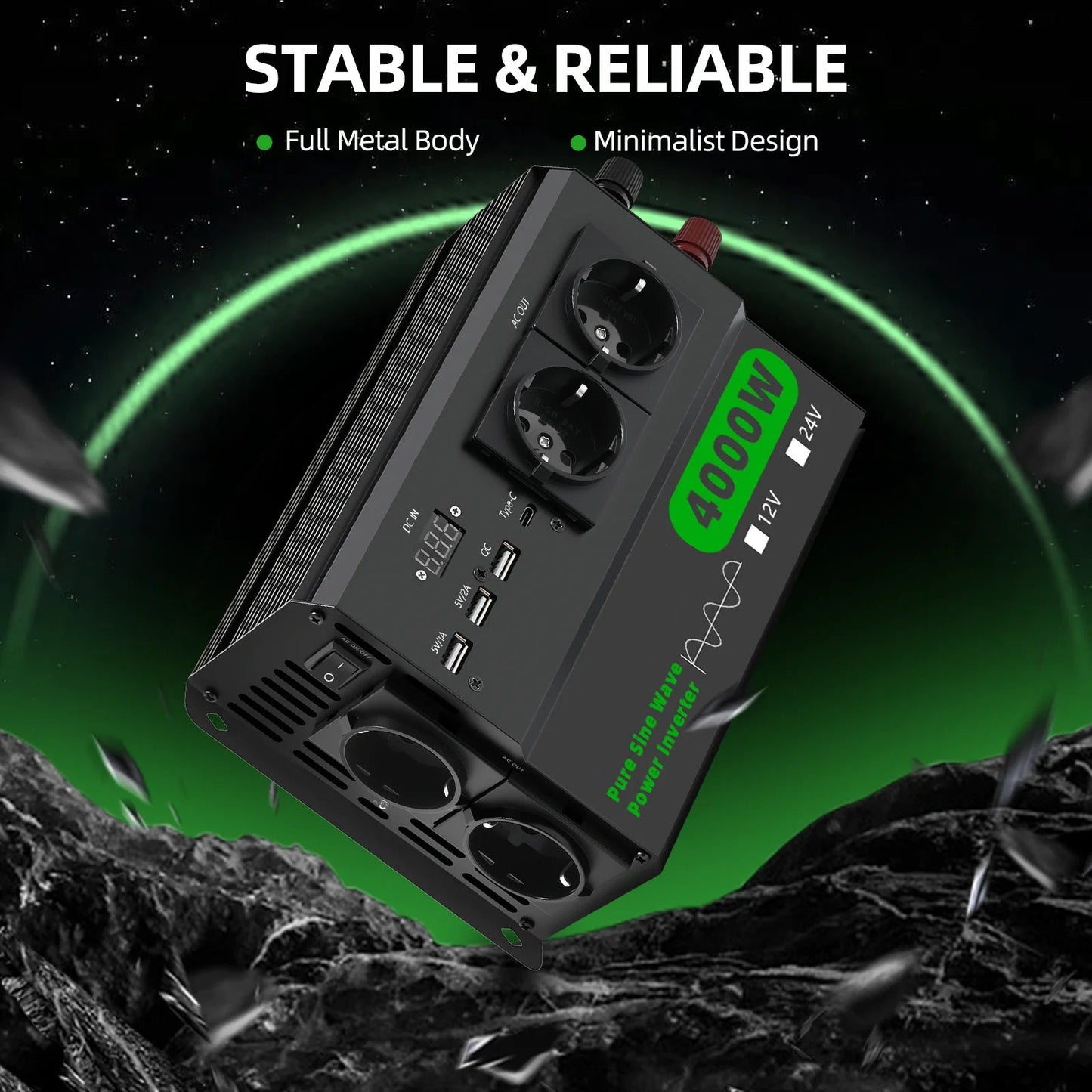 Omvormer – DC Naar AC Converter – 4000W - 12V Naar 220V Omvormer – Spanningsomzetter – Compact – Stabiele 220V Output – 50Hz Frequentie - 24V