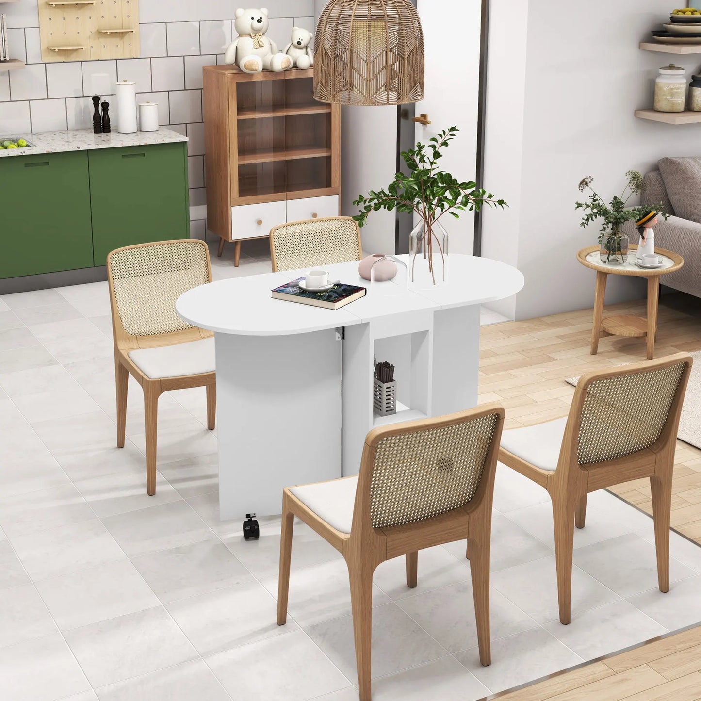 Opvouwbare Eettafel – Uitschuifbare Tafel – Compacte Tafel – Ruimtebesparende Tafel – Wieltjes Met Rem – Melamine Afwerking