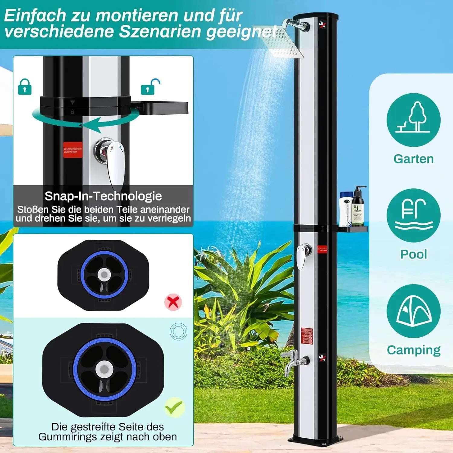 Buitendouche - Solar Buitendouche - 60L - Tuindouche - Buitendouche Zonneenergie - Vrijstaande 360° Douchekop met Voetkraan, Temperatuurregeling tot 60°C - Zwart en zilver - QUORE