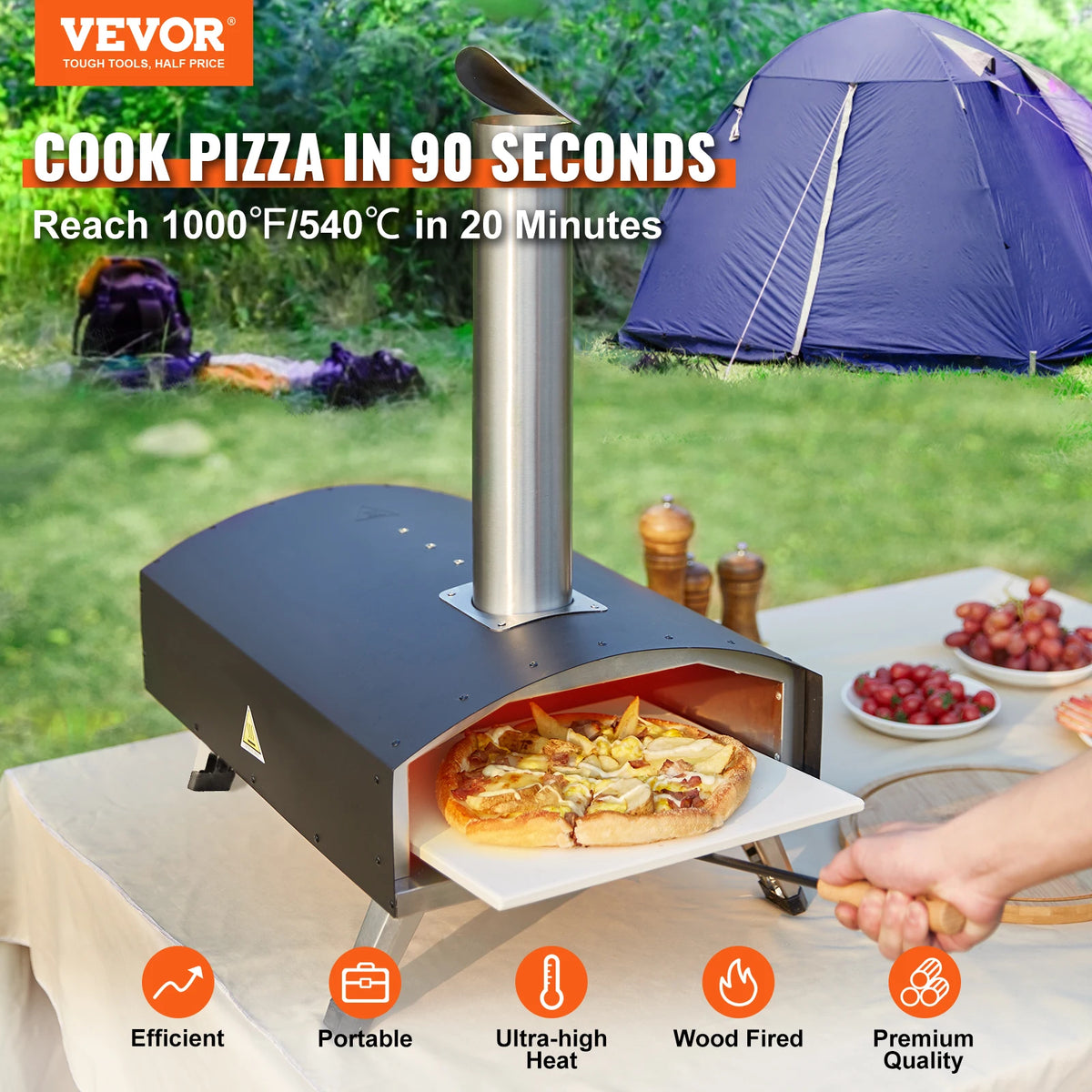 Vevor - Draagbare Pizza Oven - 540mm x 410mm -  Gas Houtpellets - Food Grade Stainless Steel - Brandstofladecapaciteit 101Lb - Zwart