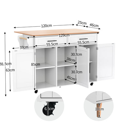 Keukenwagen – Keukentrolley – Keukenkar – Keukenmeubel – Bergwagen – Uitklapbaar Tafelblad – Wielen Met Remmen – 129x46(71)x91,5 cm – MDF Wit/Natuur