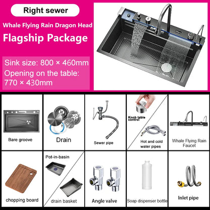 Stainless Steel Kitchen Sink Digital Display Large Single Slothotel Multifunction Wash Basin With Waterfall Faucet   Apartment