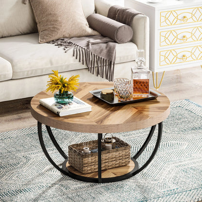 Ronde Salontafel – Bijzettafel – Koffietafel – Woonkamertafel – Houten Tafel – 80 Cm Diameter – Stevige Metalen Poten - Bruin - QUORE
