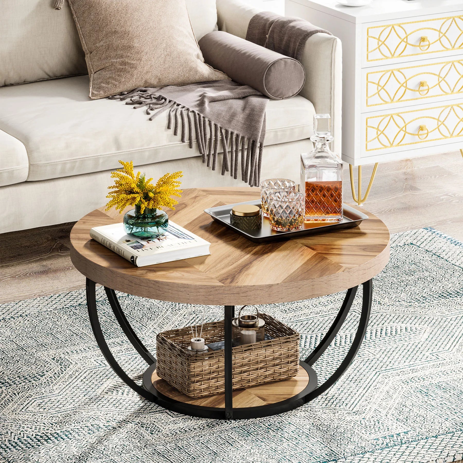 Ronde Salontafel – Bijzettafel – Koffietafel – Woonkamertafel – Houten Tafel – 80 Cm Diameter – Stevige Metalen Poten - Grijs en Zwart - QUORE