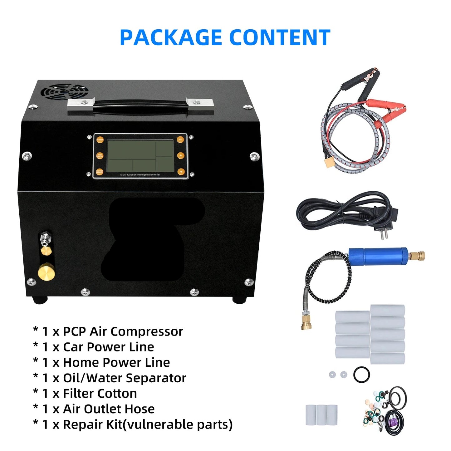 Luchtcompressor - Luchtcompressor Bandenpomp - Airpress Compressor - met LCD-scherm - Digitaal Besturingssysteem - 300Bar - 4500Psi PCP - 220V - met Ingebouwde 12V Draagbare Stroomadapter Ventilator